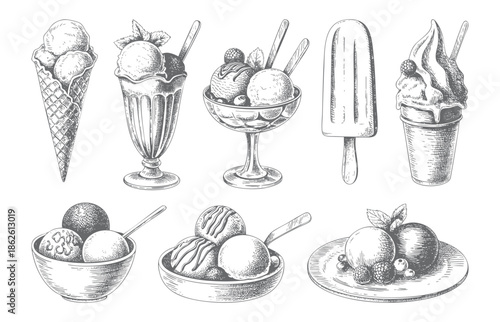 Vintage ice cream and dessert collection illustrated in classic engraving style. Set of vintage hand drawn ice cream desserts featuring cones, popsicles.