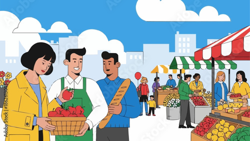 People shopping for fresh produce at an outdoor farmers market.