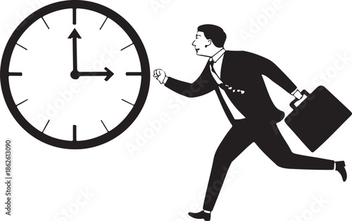 Businessman In A Hurry Running Toward The Clock, Symbolizing Time Pressure And Deadlines In A Corporate Scene