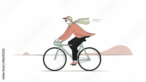 Person riding a bicycle outdoors with scarf blowing in wind.