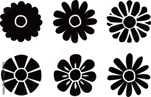 花のシルエットアイコンベクターイラスト素材　デイジーやカモミールなどシンプルでかわいい花のイメージ画像