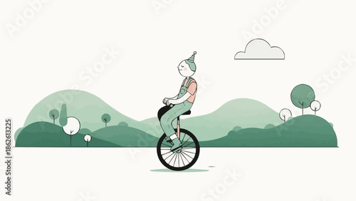 Person riding a unicycle in a stylized landscape.