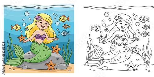 Cute mermaid sitting on a rock underwater with fish and starfish. Coloring book page vector illustration with colored sample and outline version for kids.