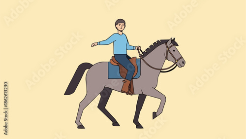 Person riding a horse with a light blue background.