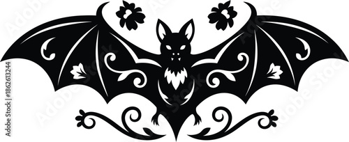 Decorative bat silhouette with wings spread featuring symmetrical floral patterns and filigree scrolls for gothic halloween and mystical art themes.