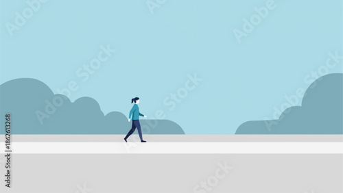Person walking in a minimalist winter landscape with soft blue sky.