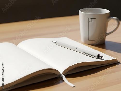 Blank Open Notebook Mockup on Wood Desk with Pen and Coffee Mug, Soft Natural Light, Cozy Workspace Template