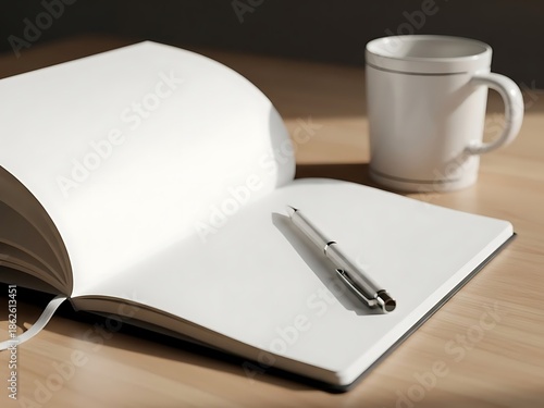Blank Open Notebook Mockup on Wood Desk with Pen and Coffee Mug, Soft Natural Light, Cozy Workspace Template