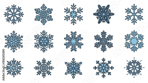 Collection of various blue snowflakes on a white background in a flat lay composition with a wintry mood.