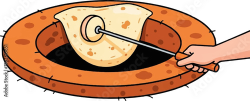 A hand cooks flatbread on a traditional, round, rustic stove using a metal rod over a dark opening