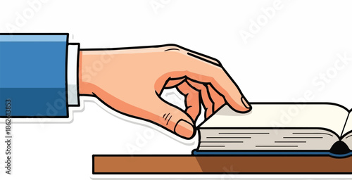 A hand in a blue sleeve turns a page of an open book resting on a brown wooden surface. Simple illustration