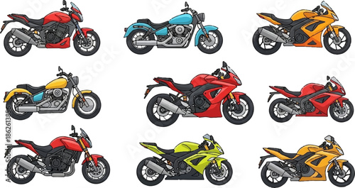 A grid of nine pixel-art style motorcycles in different colors and designs against a white background