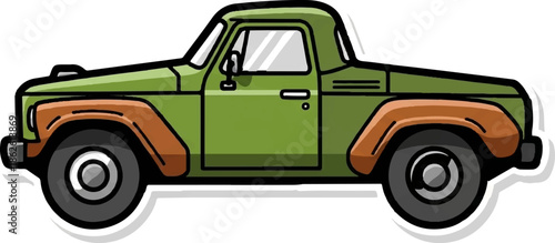 A hand-drawn style illustration of a vintage green and brown pickup truck, shown in a side profile view