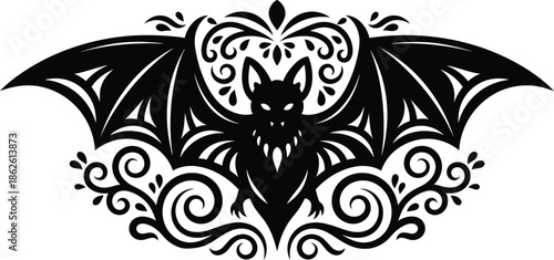 Ornamental bat silhouette vector illustration with intricate symmetrical floral swirls and wings spread for gothic halloween decorations and logos.