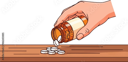 A hand pours white pills from an orange prescription bottle onto a brown wooden table surface