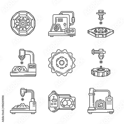 An illustrative grid of sophisticated line art icons depicting the intricate machinery and diverse processes involved in contemporary 3D printing and additive manufacturing.