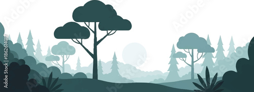 A serene, minimalist landscape illustration with layered trees, distant mountains, and a soft sun/moon in muted teal tones