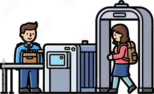 A security officer observes a female traveler passing through airport security checkpoint equipment, including a metal detector