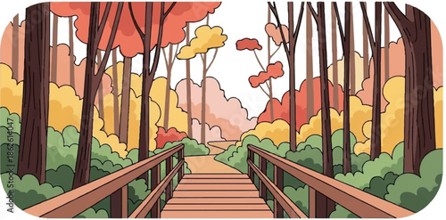A serene cartoon illustration of an autumn forest path with a wooden bridge and colorful fall foliage