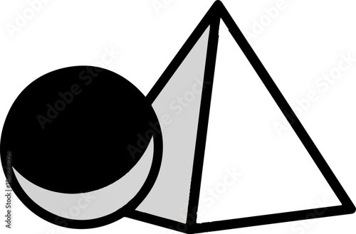 A simple black circle with a light gray crescent is paired with a stylized pyramid outlined in black