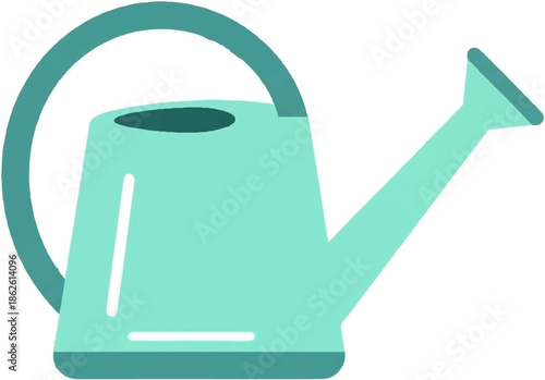 A simple, flat illustration of a light blue-green watering can with a dark green handle and base