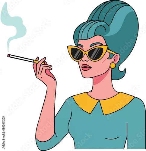 A stylish woman with a beehive hairstyle, cat-eye sunglasses, and cigarette holder, puffing smoke