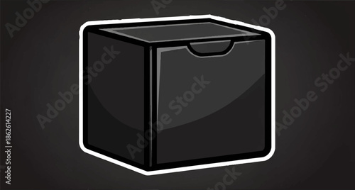 A stylized black cube-shaped container with a subtle handle and white outline, set against a dark textured background