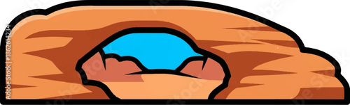 A stylized cartoon depiction of a brown rock cave entrance with bright blue water inside