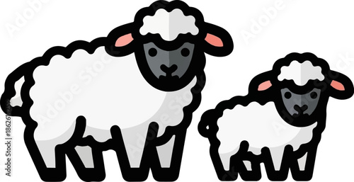 A stylized icon showing a large white sheep with a black face and a smaller lamb beside it on a white background