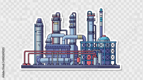 A stylized illustration of a complex industrial chemical plant with numerous towers, pipes, and structures