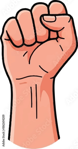 A stylized illustration of a human hand clenched into a fist, raised upwards, featuring a black outline