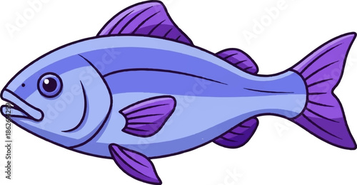 A stylized illustration of a blue and purple fish with fins and an eye, isolated on a white background