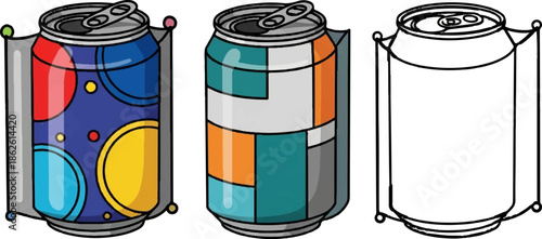 A trio of stylized beverage cans one with colorful circles, another with geometric blocks, and a simple outline