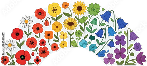 A vibrant array of colorful flowers and leaves, arranged in a rainbow arc, with a sticker-like style
