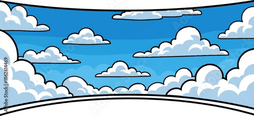 A vibrant cartoon blue sky with fluffy white cumulus clouds, framed by dark lines, evoking a playful atmosphere