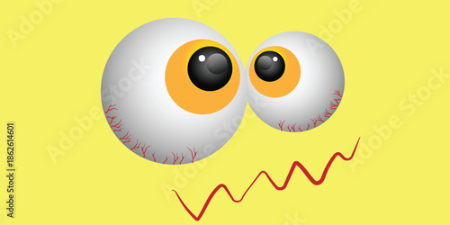 Cartoonish illustration of two large bloodshot eyeballs with a wavy red line on a yellow background.