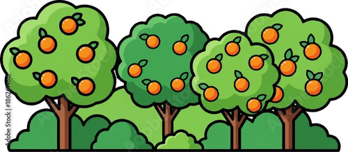 A vibrant cartoon illustration showcasing a row of lush green orange trees laden with ripe, colorful fruits