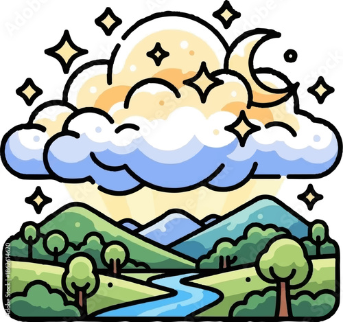 A vibrant cartoon landscape features rolling green hills, a winding river, and a cloudy, celestial sky with sun and moon