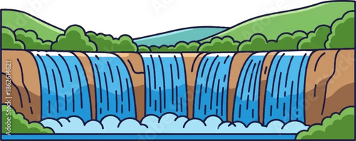 A vibrant cartoon landscape features a multi-tiered waterfall cascading from brown cliffs with green hills