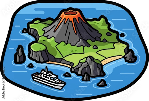 A vibrant cartoon map illustration of a volcanic island with a ship in the surrounding blue ocean