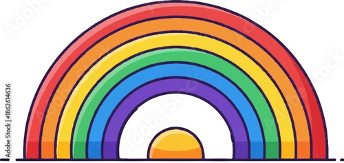 A vibrant cartoon rainbow arching over a small yellow sun, rendered in a playful, textured style