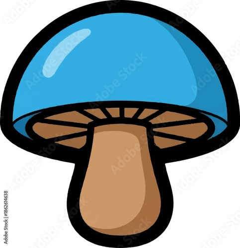 A vibrant cartoon mushroom featuring a shiny blue cap, brown stem, and gills, outlined in thick black
