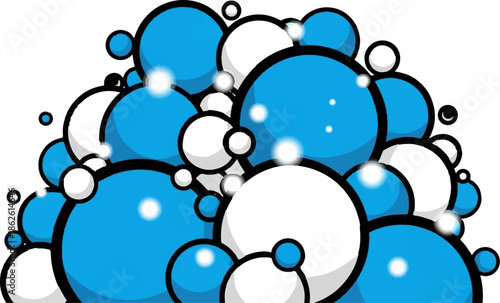 A vibrant collection of blue and white cartoon bubbles with black outlines, creating a playful, bubbly pile