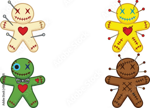 Voodoo doll cartoon vector illustration set with pins hearts and stitched spooky characters