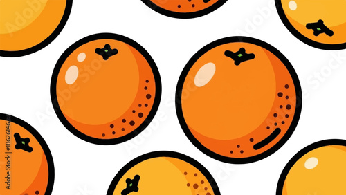 A vibrant, cartoonish seamless pattern featuring ripe oranges with bold outlines scattered across a white background