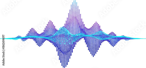 A vibrant digital audio equalizer waveform displaying fluctuating sound waves in gradients of blue and purple