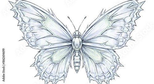 Detailed symmetrical illustration of a butterfly with translucent crystalline wings