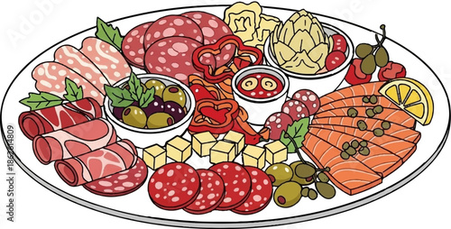 A vibrant illustration of a large oval platter laden with an assortment of antipasto, meats, cheeses, and olives