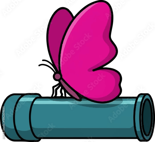 A vibrant pink cartoon butterfly with black antennae rests on a horizontal teal pipe illustration