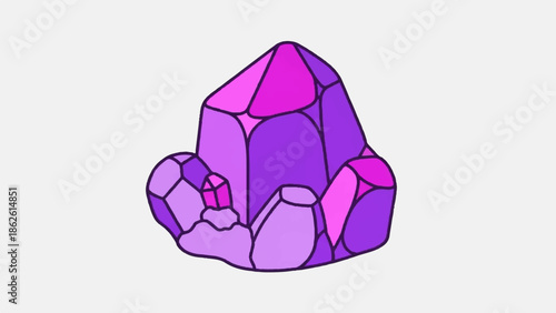A vibrant purple and pink geometric crystal cluster illustration, featuring multiple facets on a light background